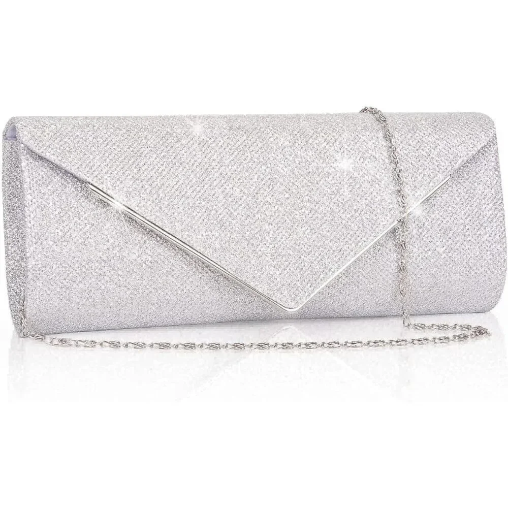 Women's Sliver Sparkling Envelope Bag With Detachable Chain Clutch Purses